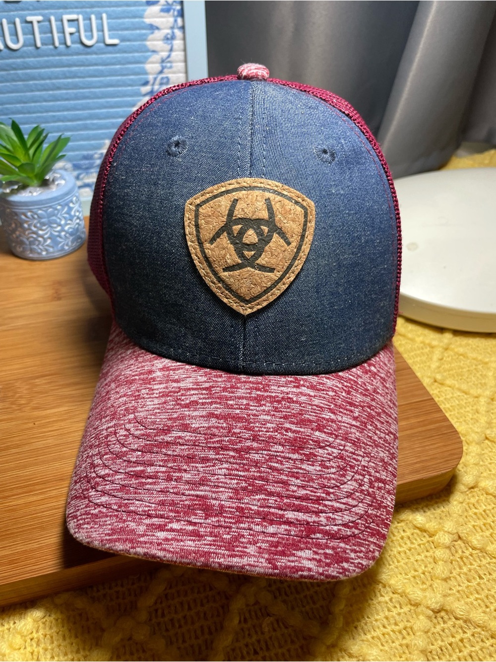 Ariat Two-Tone Red and Navy Mesh Trucker Hat with Leather Patch